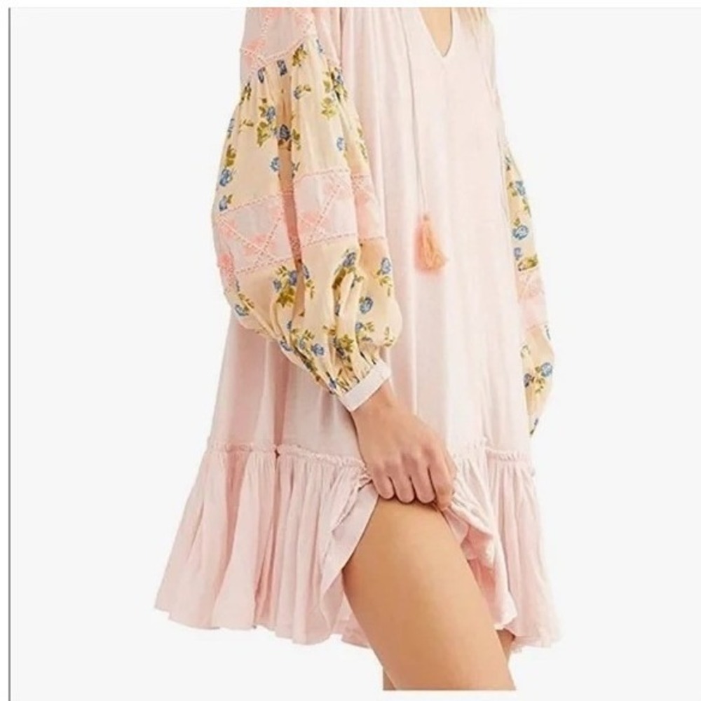 Free People Mix It Up Tunic Dress Pink Floral Balloon Sleeve Boho Cottage M